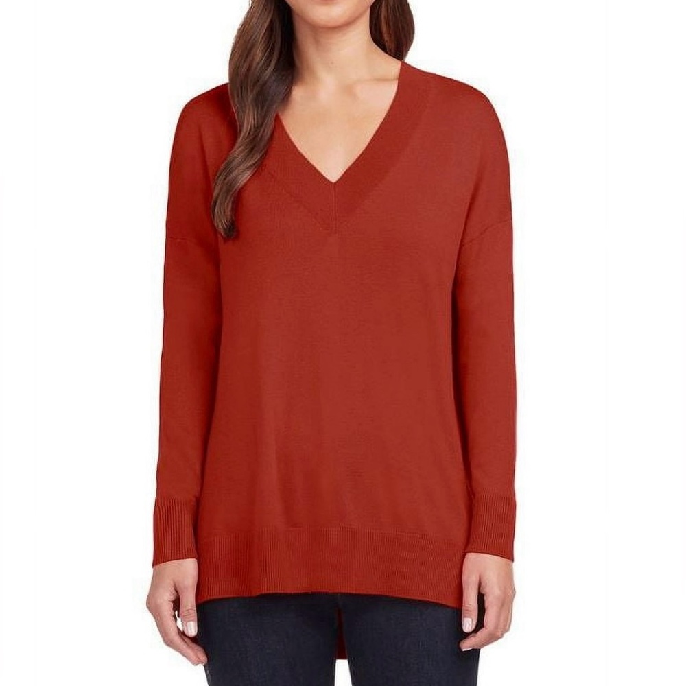 Matty M Women's L/S V-Neck Side Slits Tunic Pullover Sweater Brick color, Size L